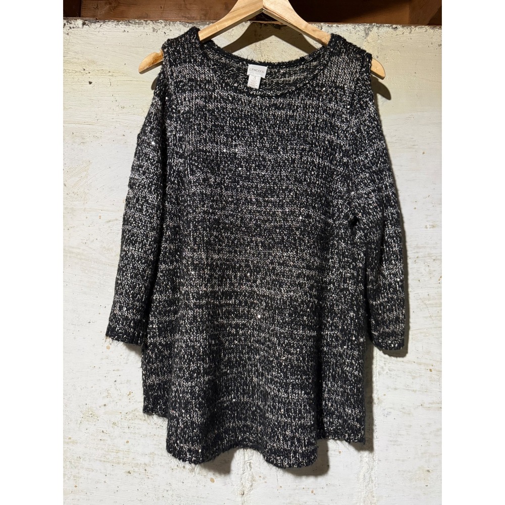 Chicos Black Silver Metallic Sequin Cold Shoulder Tunic Sweater Womens Size 3 XL